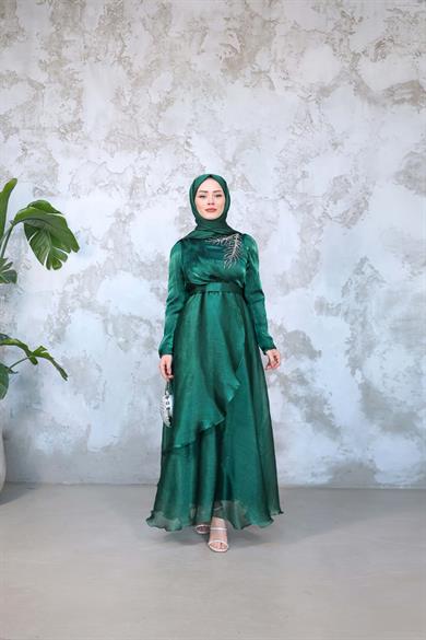 Hazen Patterned Tiered Evening Dress on the Front - Green