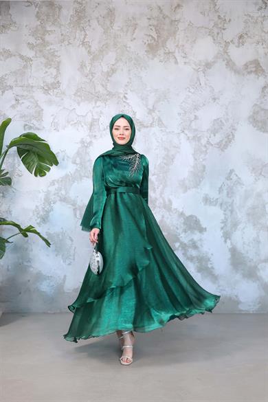 Hazen Patterned Tiered Evening Dress on the Front - Green