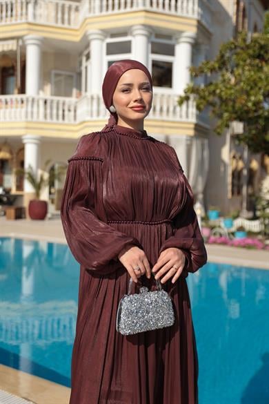 İnci Detay Işıltı Abiye - Kahverengi