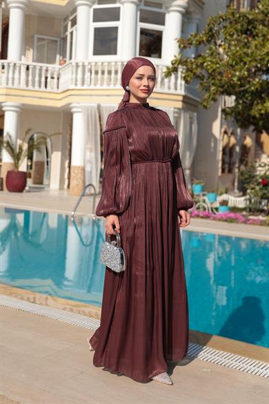 İnci Detay Işıltı Abiye - Kahverengi