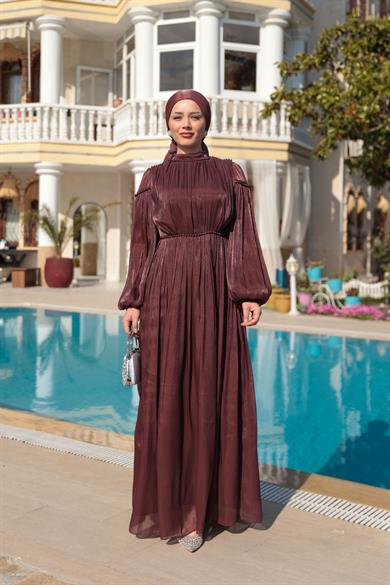 İnci Detay Işıltı Abiye - Kahverengi