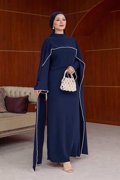 İnci İşlemeli Pelerin Detay Krep Abiye - Lacivert
