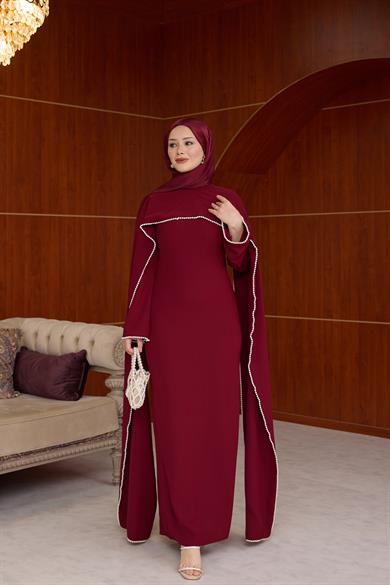 İnci İşlemeli Pelerin Detay Krep Abiye - Bordo