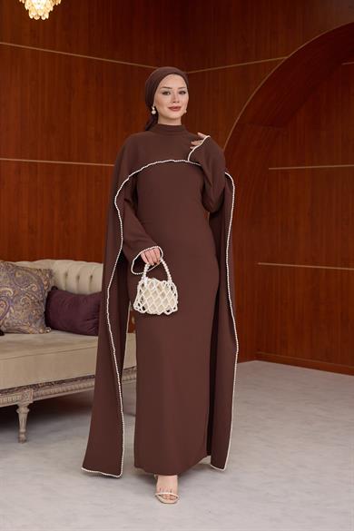 İnci İşlemeli Pelerin Detay Krep Abiye - Kahverengi
