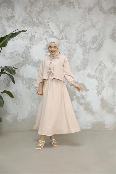 Crepe Fabric Skirt Suit - Beige