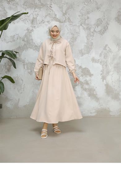 Crepe Fabric Skirt Suit - Beige