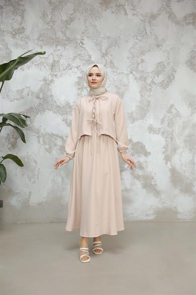 Crepe Fabric Skirt Suit - Beige