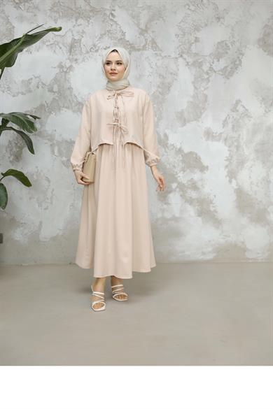 Crepe Fabric Skirt Suit - Beige