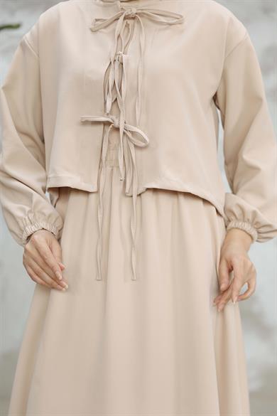 Crepe Fabric Skirt Suit - Beige