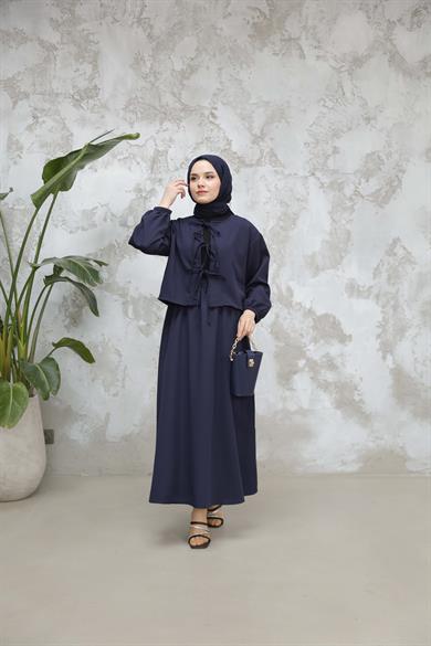 Crepe Fabric Skirt Suit - Navy Blue
