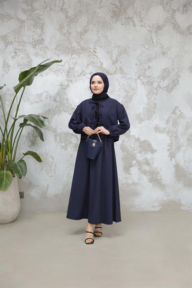 Crepe Fabric Skirt Suit - Navy Blue