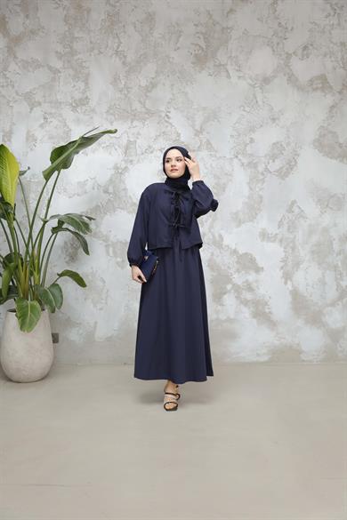 Crepe Fabric Skirt Suit - Navy Blue
