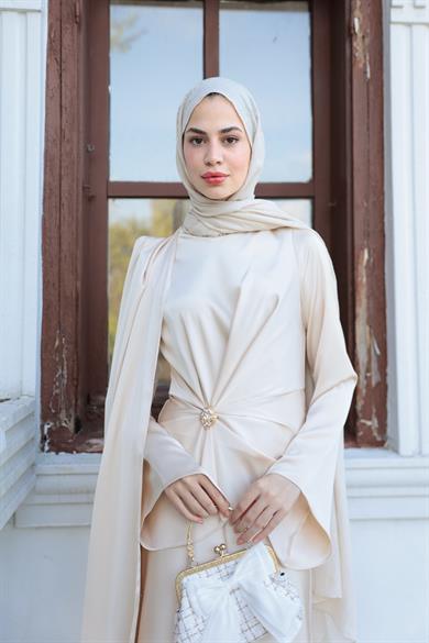 Kaktüs Taş Detay Abiye - Bej