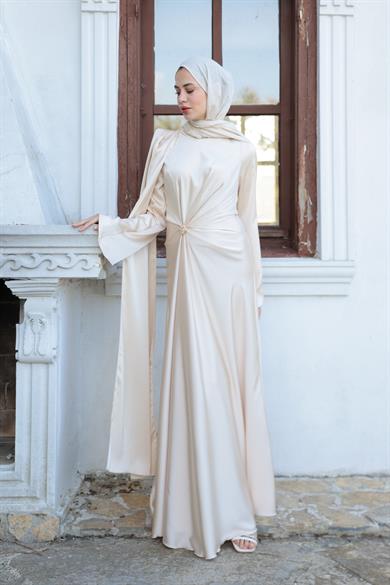 Kaktüs Taş Detay Abiye - Bej