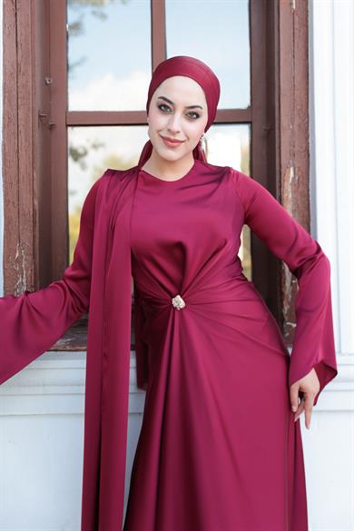 Kaktüs Taş Detay Abiye - Bordo