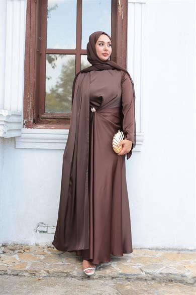 Kaktüs Taş Detay Abiye - Kahverengi