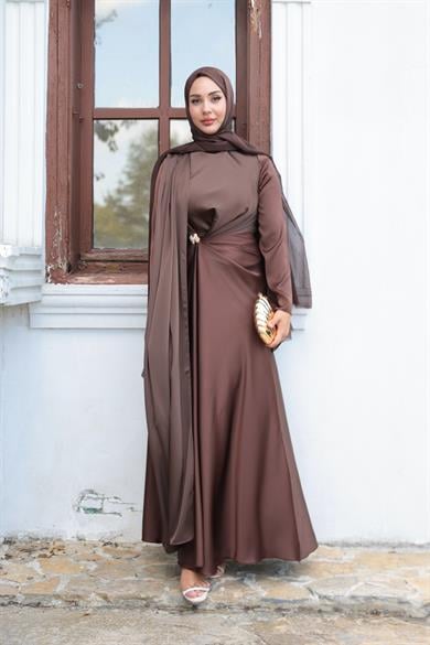 Kaktüs Taş Detay Abiye - Kahverengi