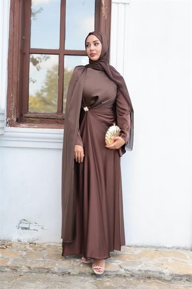 Kaktüs Taş Detay Abiye - Kahverengi