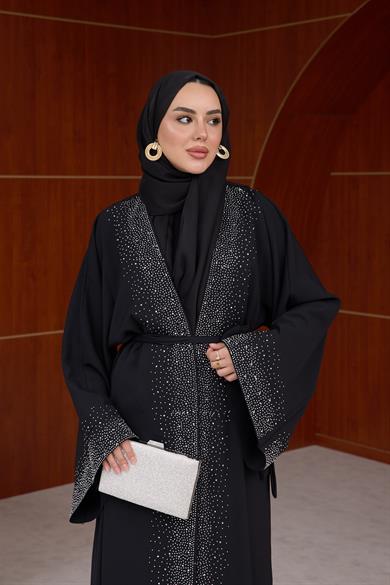 Kamelya Taş Baskılı Abaya - Siyah