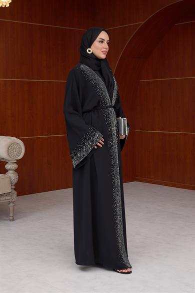 Kamelya Taş Baskılı Abaya - Siyah