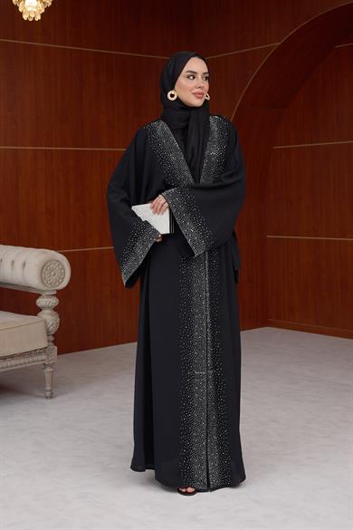 Kamelya Taş Baskılı Abaya - Siyah
