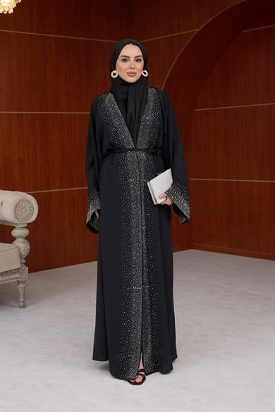 Kamelya Taş Baskılı Abaya - Siyah