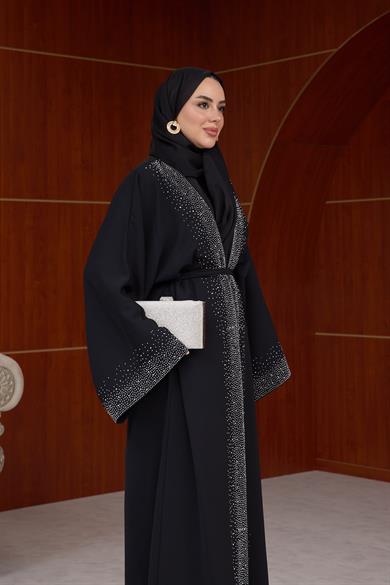 Kamelya Taş Baskılı Abaya - Siyah