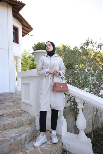 Hooded Parachute Fabric Trench Coat - Beige