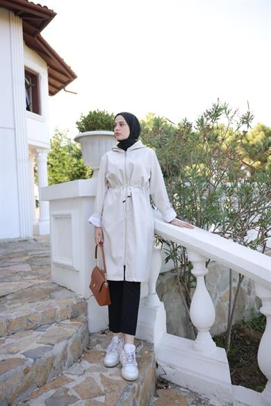 Hooded Parachute Fabric Trench Coat - Beige