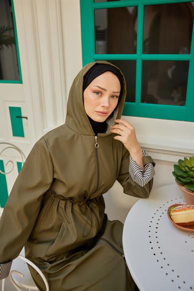 Hooded Parachute Fabric Trench Coat - Khaki