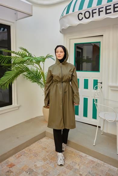 Hooded Parachute Fabric Trench Coat - Khaki