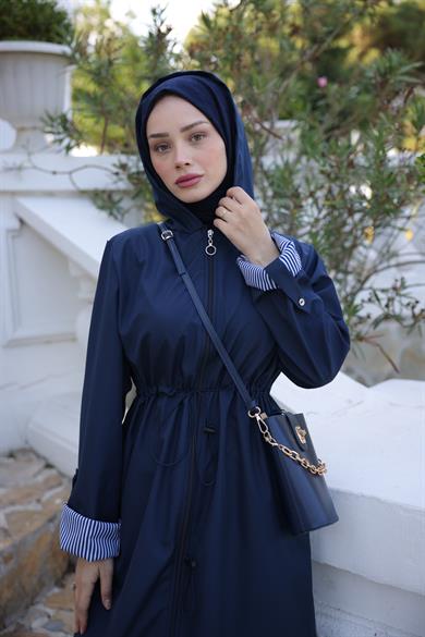 Hooded Parachute Fabric Trench Coat - Navy Blue