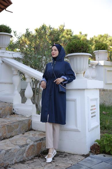 Hooded Parachute Fabric Trench Coat - Navy Blue