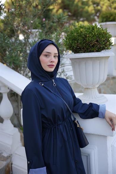 Hooded Parachute Fabric Trench Coat - Navy Blue