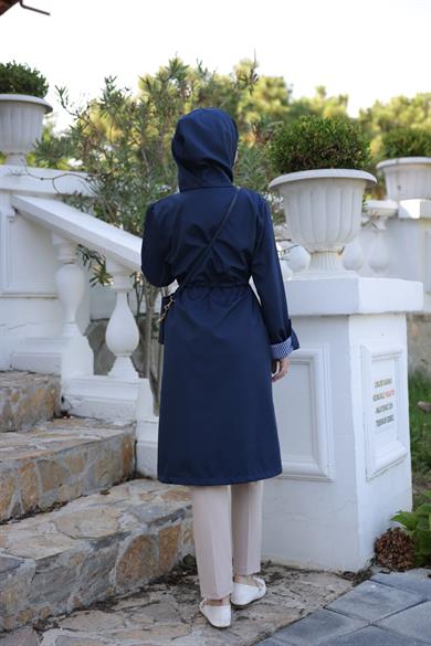 Hooded Parachute Fabric Trench Coat - Navy Blue
