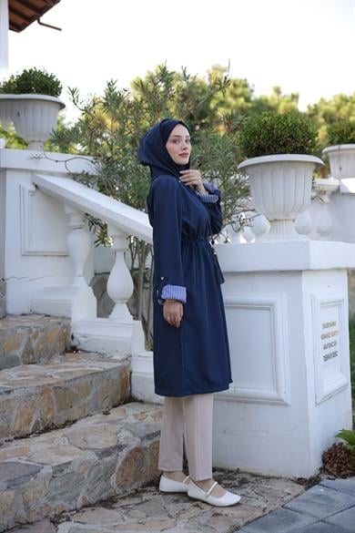 Hooded Parachute Fabric Trench Coat - Navy Blue