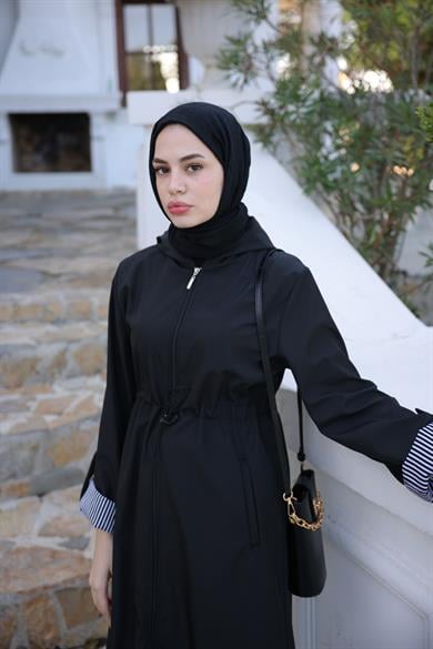 Hooded Parachute Fabric Trench Coat - Black