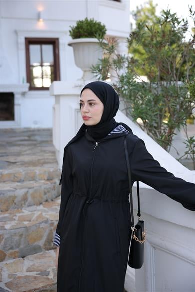 Hooded Parachute Fabric Trench Coat - Black