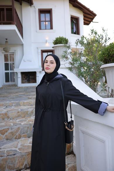 Hooded Parachute Fabric Trench Coat - Black