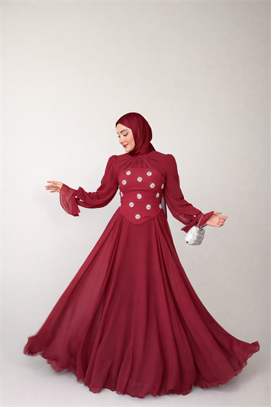 Karamel Taş Detaylı Abiye - Bordo