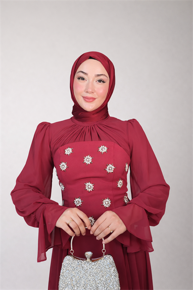Karamel Taş Detaylı Abiye - Bordo