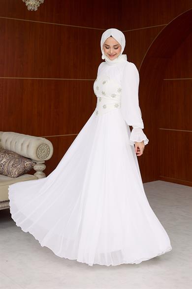 Karamel Taş Detaylı Abiye - Ekru