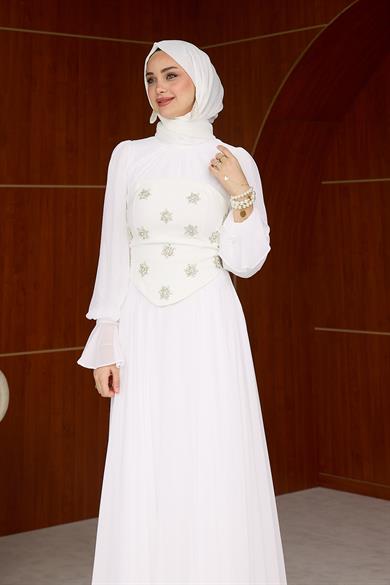 Karamel Taş Detaylı Abiye - Ekru