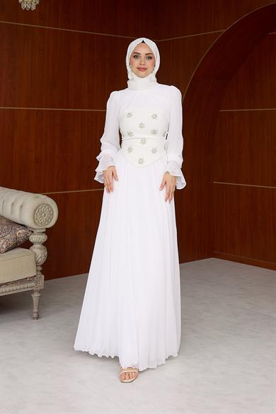 Karamel Taş Detaylı Abiye - Ekru