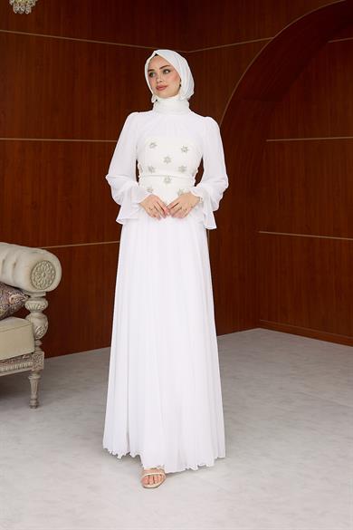 Karamel Taş Detaylı Abiye - Ekru
