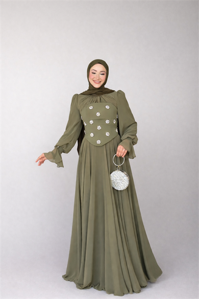 Karamel Taş Detaylı Abiye - Haki