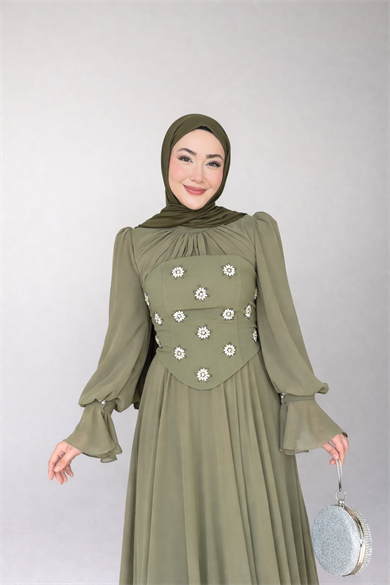 Karamel Taş Detaylı Abiye - Haki