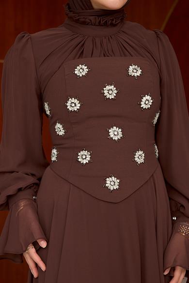 Karamel Taş Detaylı Abiye - Kahverengi