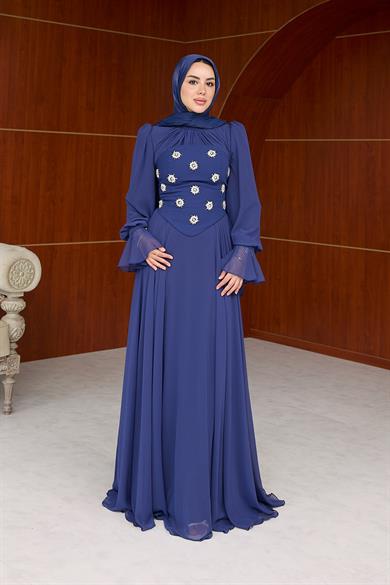 Karamel Taş Detaylı Abiye - Lacivert