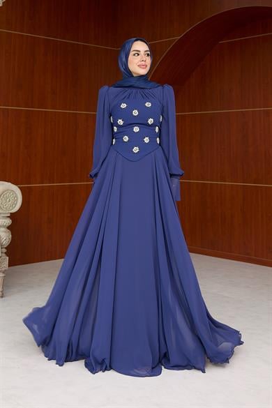 Karamel Taş Detaylı Abiye - Lacivert